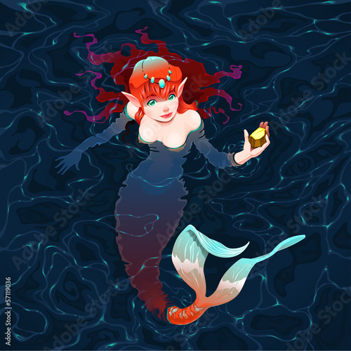 Mermaid in the water with a piece of gold.