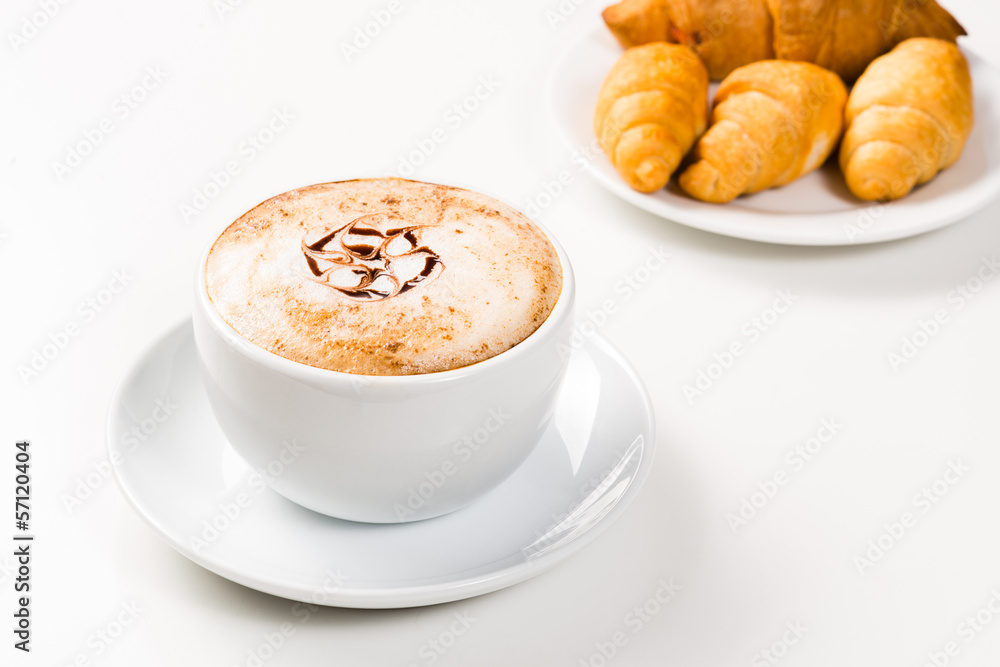 large cup of coffee and croissants on a plate large cup of coffee and croissants on a plate