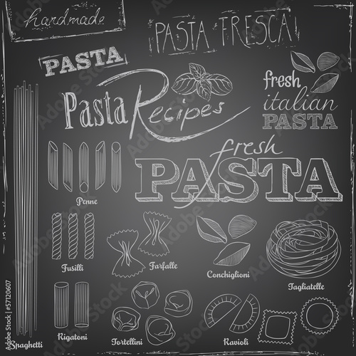 Pasta elements on a chalkboard