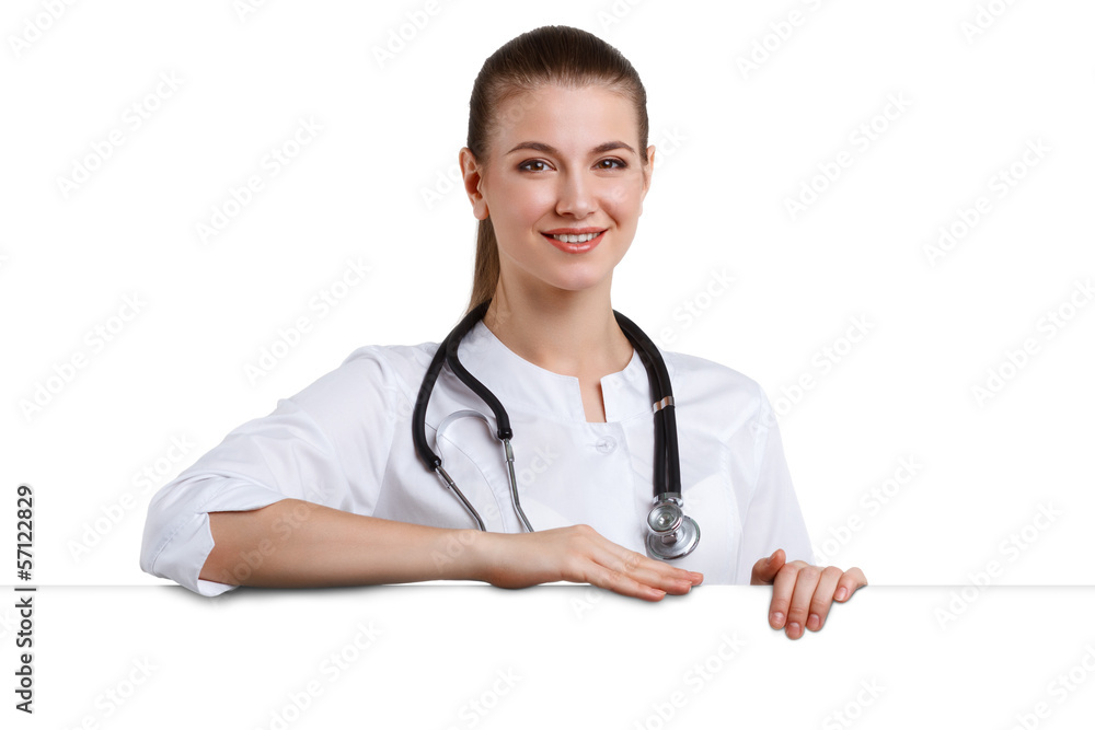 woman doctor in a medical gown with phonendoscope woman doctor in a medical gown with phonendoscope