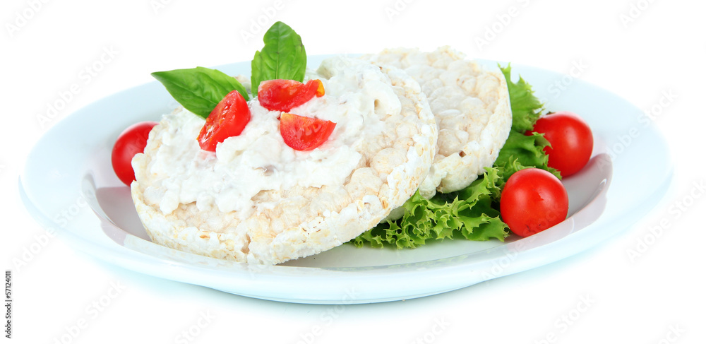 Tasty crispbreads with vegetables, isolated on white Tasty crispbreads with vegetables, isolated on white