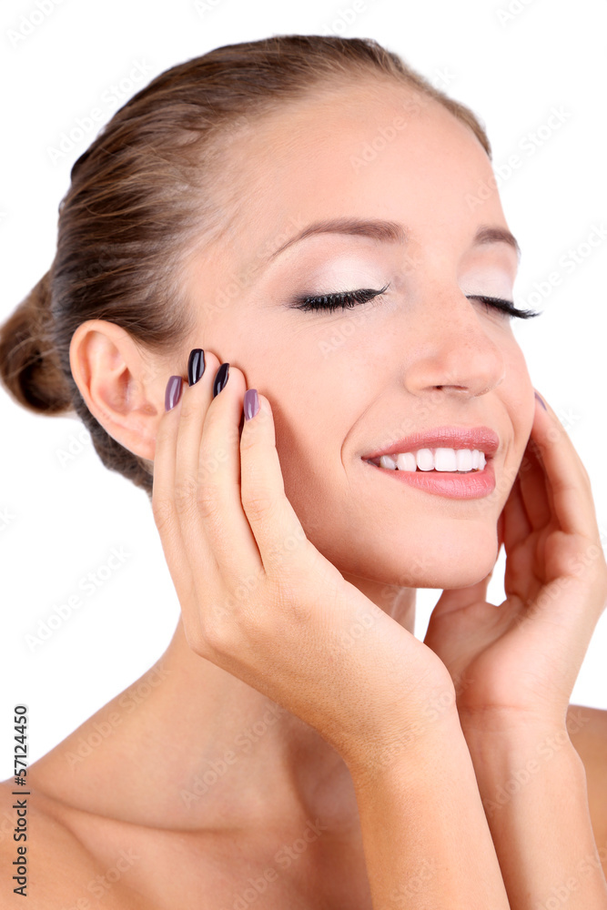 Beautiful girl with glowing skin close-up isolated on white Beautiful girl with glowing skin close-up isolated on white