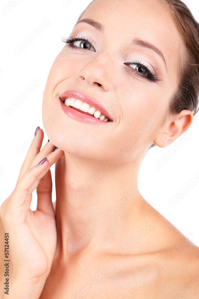 Beautiful girl with glowing skin close-up isolated on white Beautiful girl with glowing skin close-up isolated on white