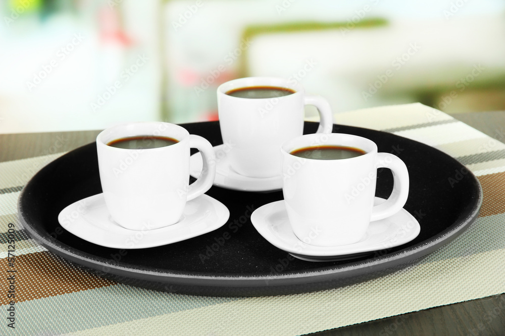 Cups of coffee on tray on table in cafe Cups of coffee on tray on table in cafe