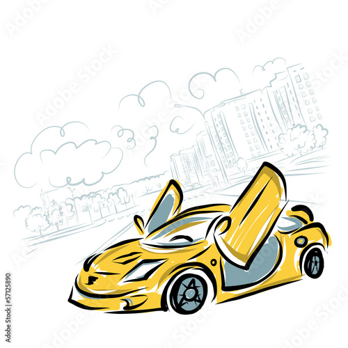 Yellow sport car on city background for your design