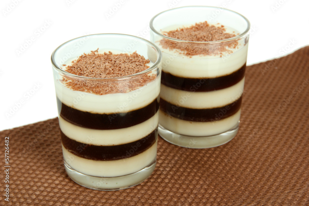 Tasty jelly coffee with milk on table on white background Tasty jelly coffee with milk on table on white background