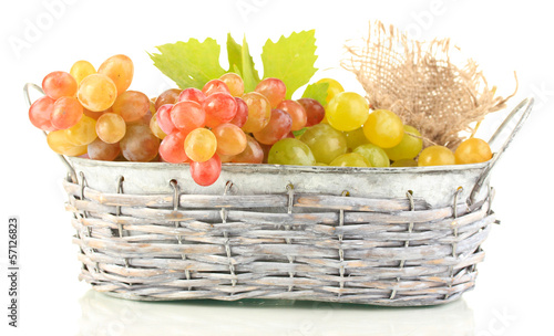 Ripe sweet grape in basket  isolated on white