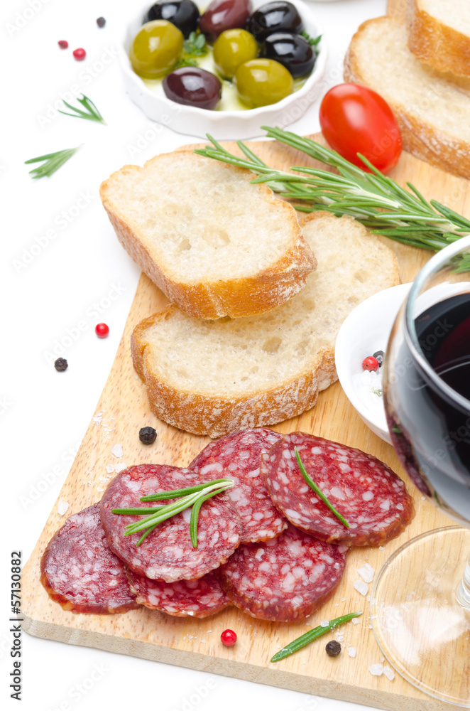 antipasto - salami, bread, olives and glass of wine isolated