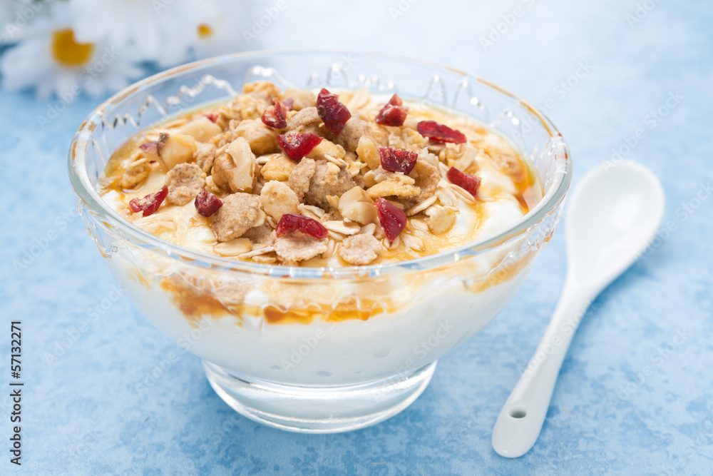 homemade natural yogurt with maple syrup, granola homemade natural yogurt with maple syrup, granola