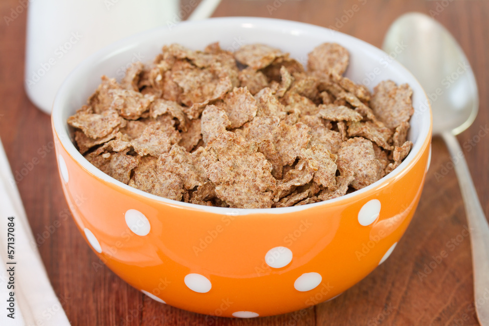 flakes in orange bowl with spoon flakes in orange bowl with spoon