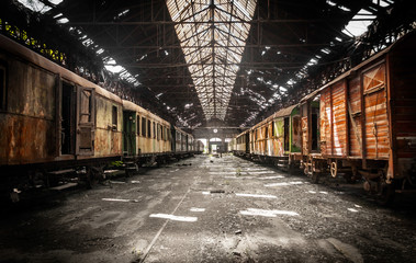 Tableau sur plexiglas Vieux bâtiments abandonnés Old trains at abandoned train depot  © annavaczi