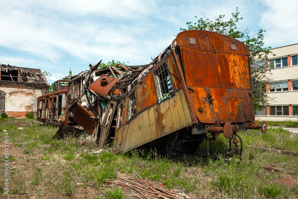 Naklejka premium Wrecked train at old depot