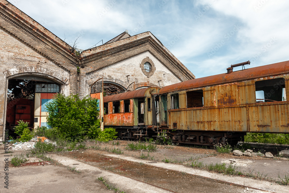 Wrecked train at old depot