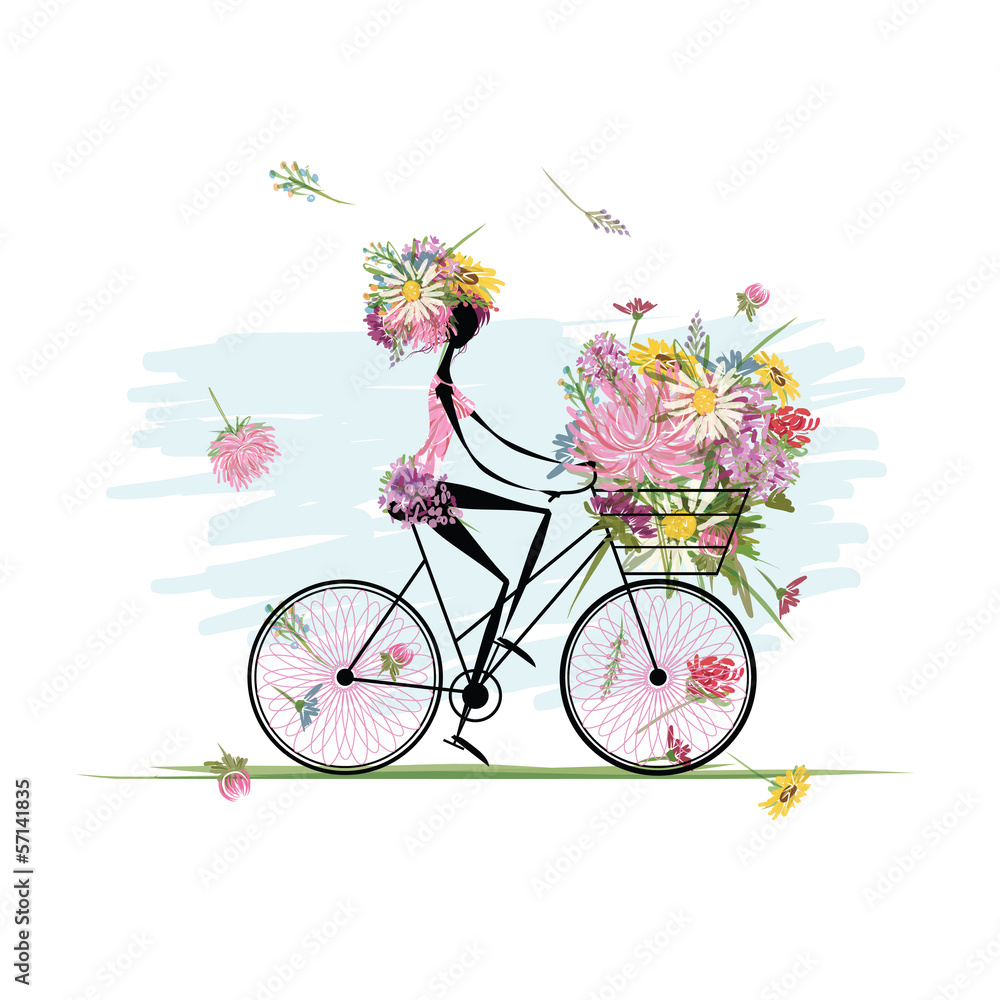 Girl with floral bouquet in basket cycling