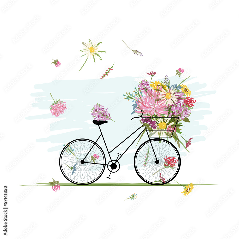 Female bicycle with floral basket for your design