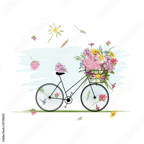 Female bicycle with floral basket for your design