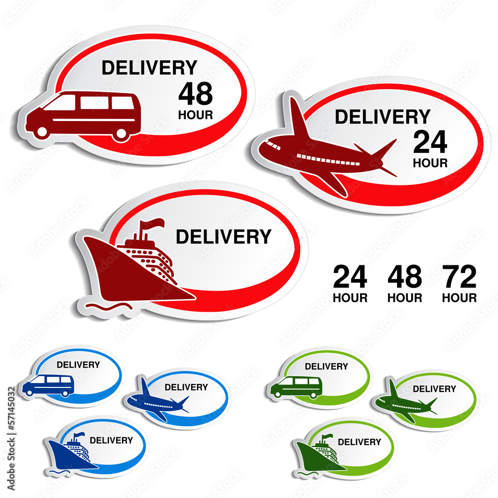 Vector shipping, delivery oval stickers - car, ship, plane
