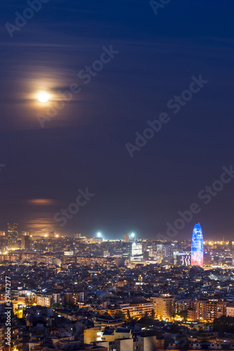 Barcelona at night with full moon  Spain