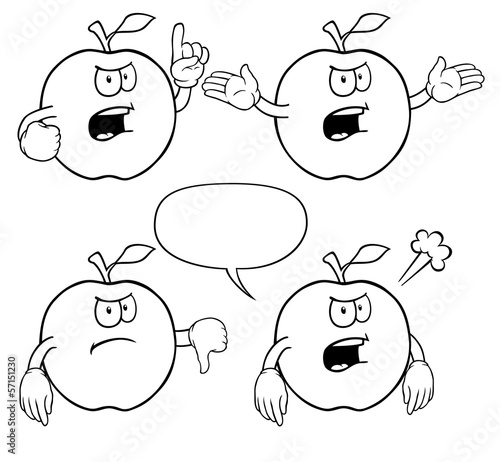 Black and white angry apples with various gestures.