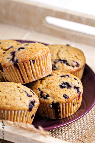 Healthy blueberry banana muffins on a tray