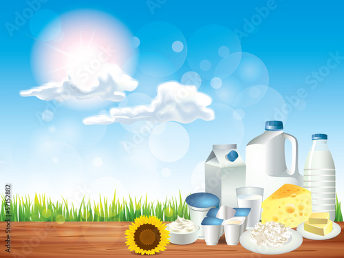 Dairy products on wooden table vector background