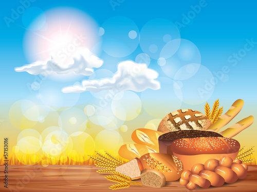 Breads and wheat on wooden table background vector