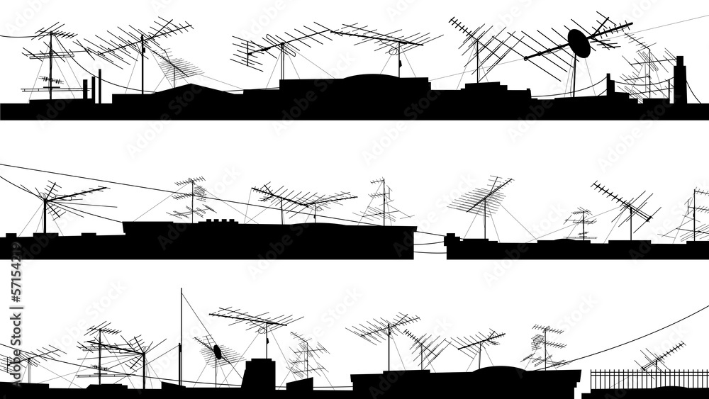 Set of silhouettes of roof with antennas.