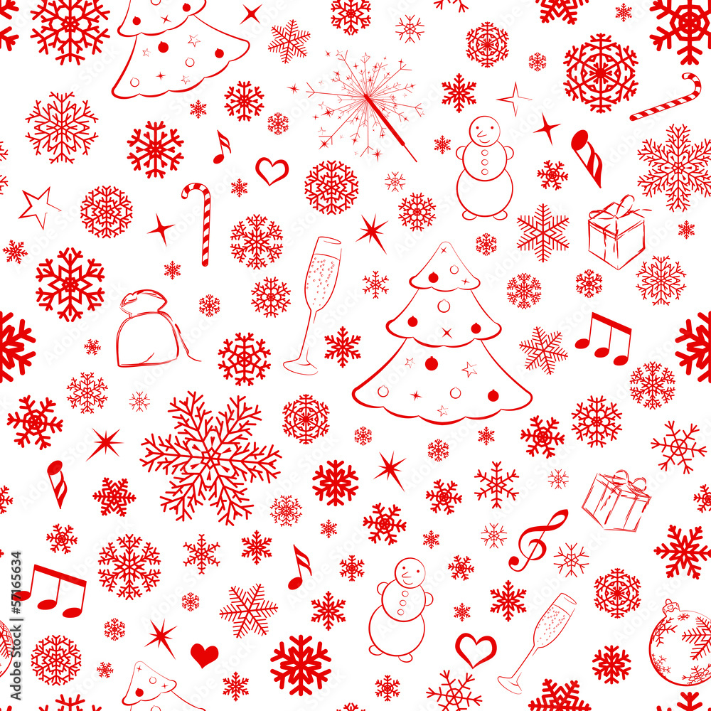 Seamless pattern with red snowflakes and xmas symbols Seamless pattern with red snowflakes and xmas symbols