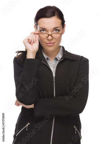 Confident Mixed Race Businesswoman Touching her Glasses.