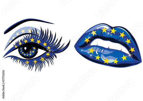 European Union Flag in beautiful female eye and lips