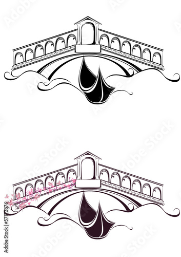 Rialto bride and gondola, Venice. Vector sketch