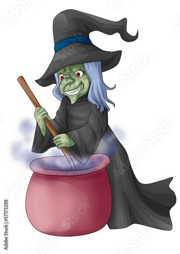 Tela Illustration of a witch stirring concoction in the cauldron