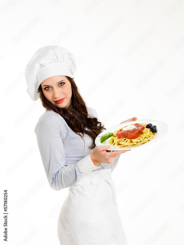 Smiling chef with a dish of italian spaghetti Smiling chef with a dish of italian spaghetti