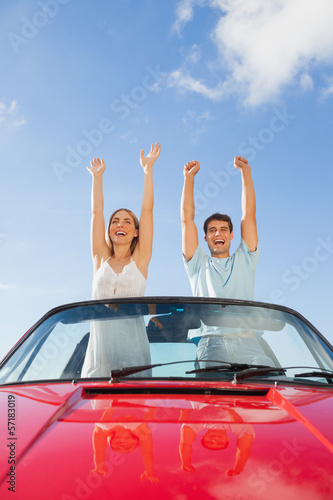 Cheerful couple standing in red cabriolet © WavebreakmediaMicro