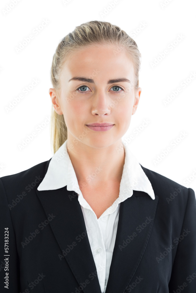 Content young businesswoman looking at camera Content young businesswoman looking at camera