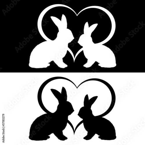 Monochrome silhouette of two rabbits and a heart