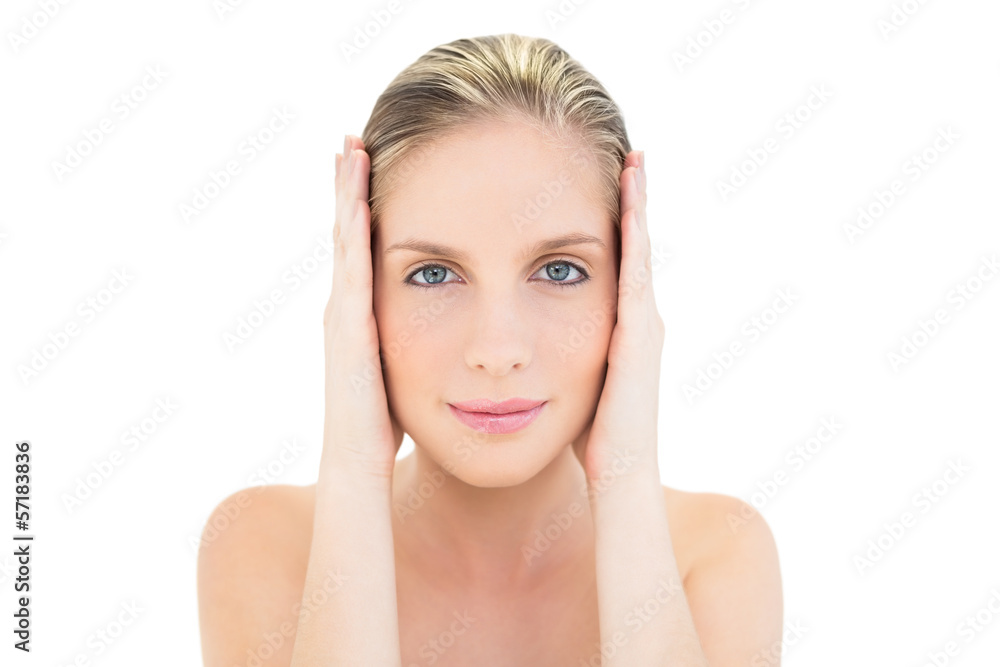 Content fresh blonde woman covering her ears Content fresh blonde woman covering her ears