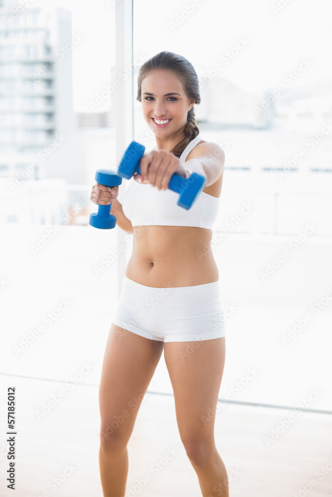 Smiling sporty woman using dumbbells Smiling sporty woman using dumbbells