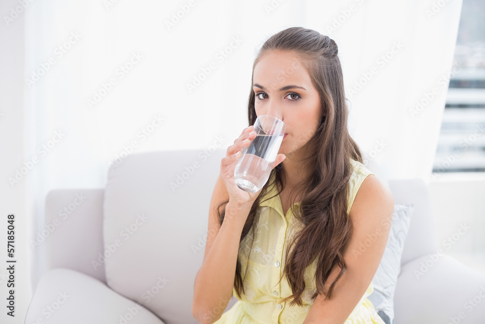 Calm young brunette holding glass of water Calm young brunette holding glass of water