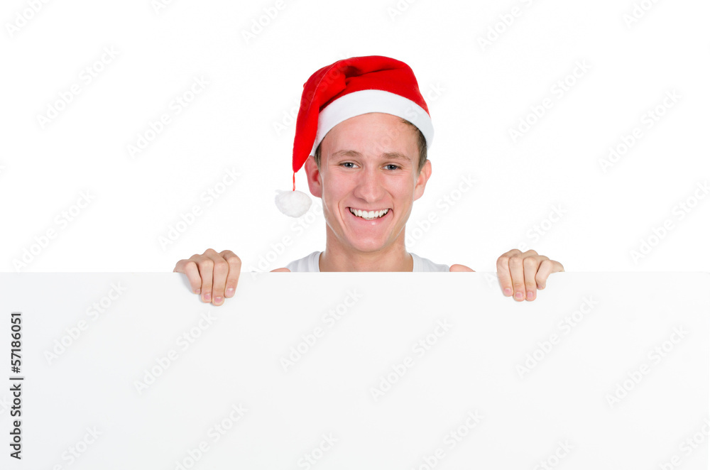 weihnachtlich gekleideter mann hält werbetafel weihnachtlich gekleideter mann hält werbetafel