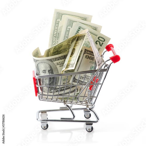 Money in Shopping Cart Isolated On White Background