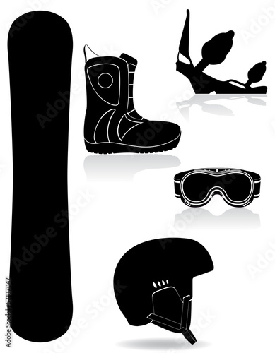 set icons equipment for snowboarding black silhouette vector ill