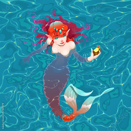 Mermaid in the water with a piece of gold.