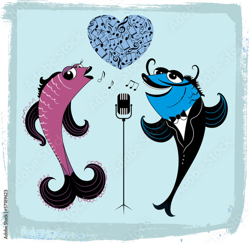 Illustration of two cartoon singing fishes