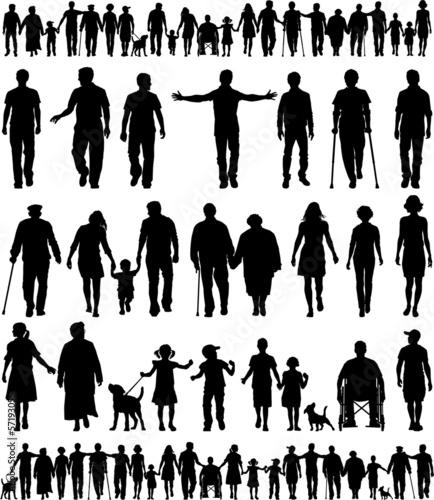 Editable vector silhouettes of people walking hand in hand