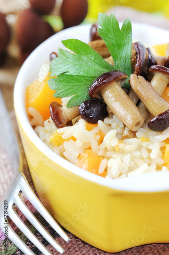 Delicious homemade pumpkin risotto with brown mushrooms photo