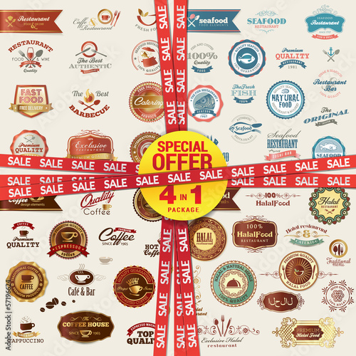 Set of labels and elements for food and drink.