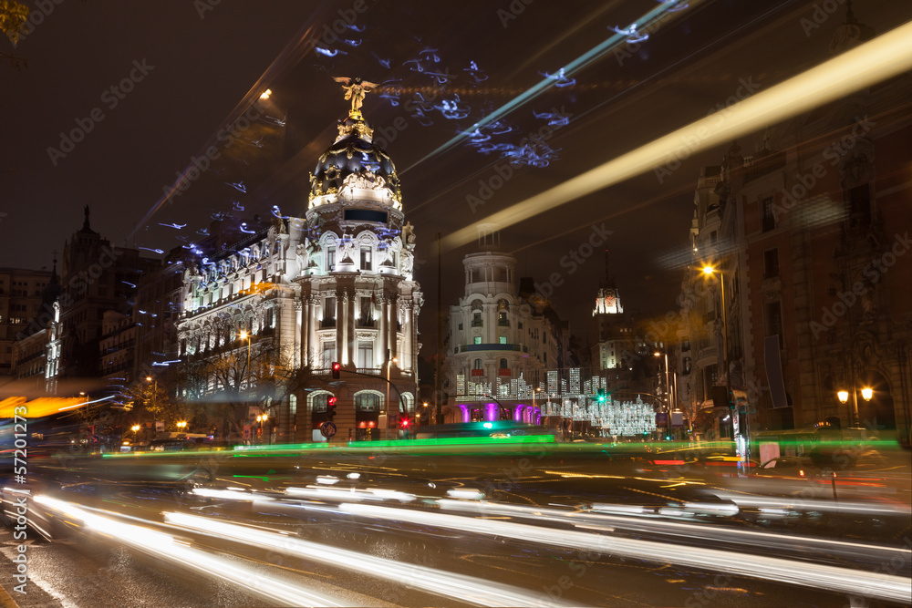 Gran Via street in Madrid at night, Spain