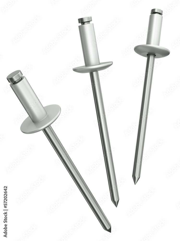 Three rivets isolated on white background, 3D render Three rivets isolated on white background, 3D render