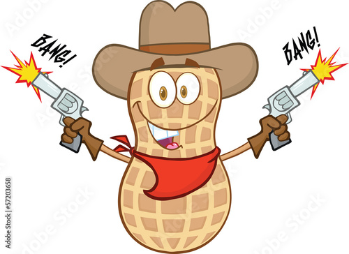 Smiling Peanut Cowboy Character With Guns And Shooting
